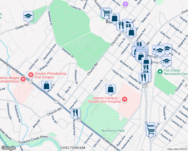 map of restaurants, bars, coffee shops, grocery stores, and more near 358 Zane Avenue in Jenkintown