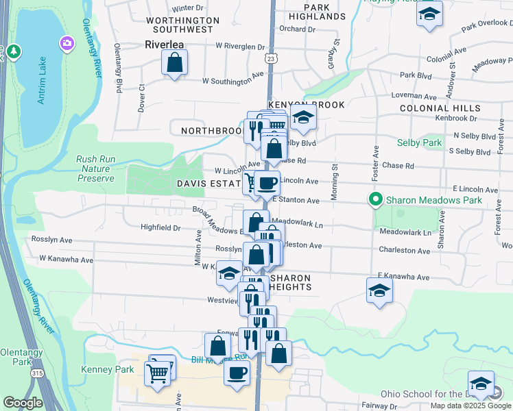 map of restaurants, bars, coffee shops, grocery stores, and more near 5455 North High Street in Columbus