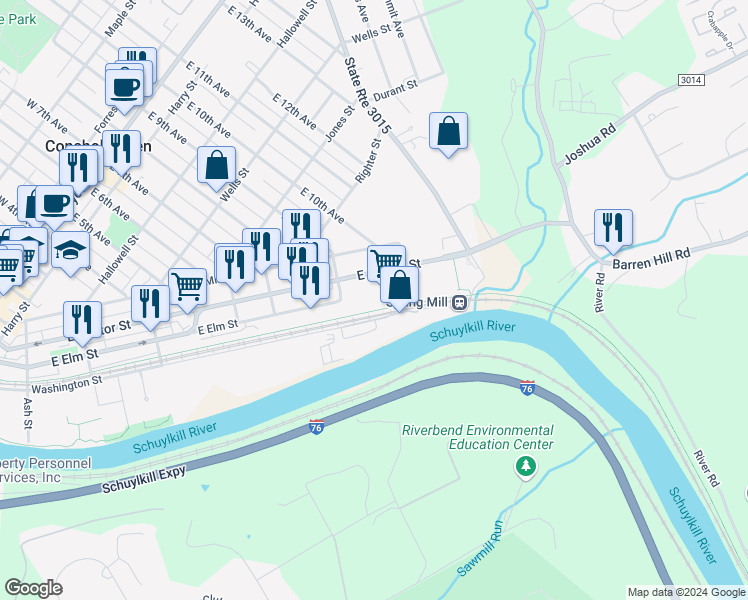 map of restaurants, bars, coffee shops, grocery stores, and more near 901 East Hector Street in Conshohocken