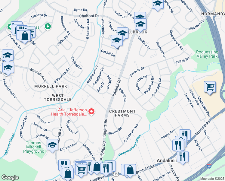 map of restaurants, bars, coffee shops, grocery stores, and more near 10906 Knights Road in Philadelphia