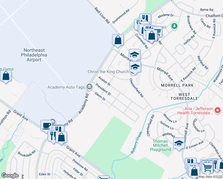 map of restaurants, bars, coffee shops, grocery stores, and more near 3608 Avalon Street in Philadelphia