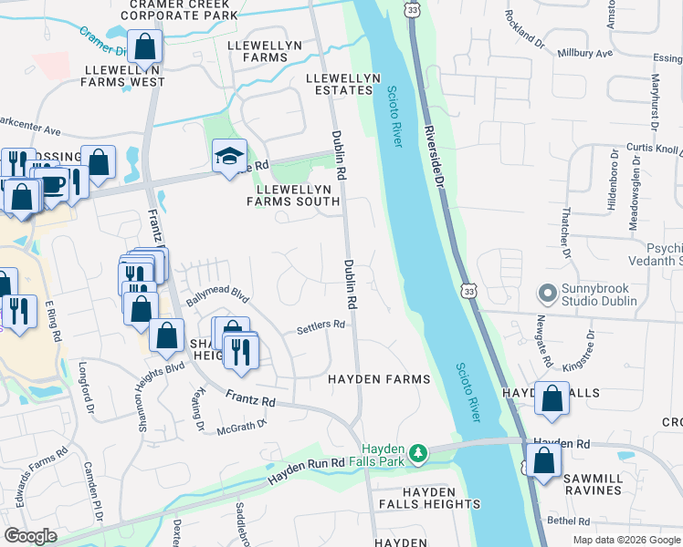map of restaurants, bars, coffee shops, grocery stores, and more near 3640 Monahan Ln in Dublin