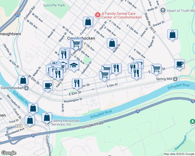 map of restaurants, bars, coffee shops, grocery stores, and more near 413 Spring Mill Avenue in Conshohocken