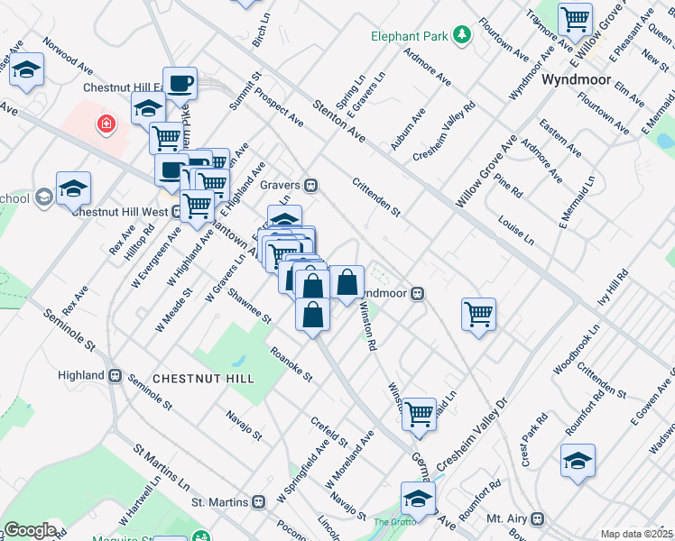 map of restaurants, bars, coffee shops, grocery stores, and more near 8125 Ardleigh Street in Philadelphia