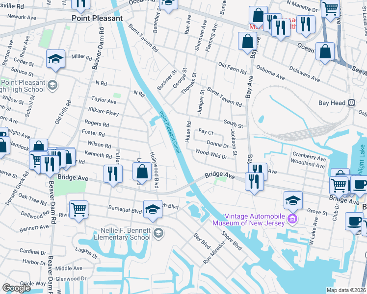map of restaurants, bars, coffee shops, grocery stores, and more near 1525 Hulse Road in Point Pleasant