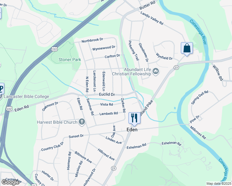 map of restaurants, bars, coffee shops, grocery stores, and more near 1800 Rockford Lane in Lancaster