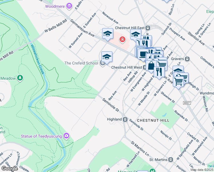 map of restaurants, bars, coffee shops, grocery stores, and more near 240 West Chestnut Hill Avenue in Philadelphia