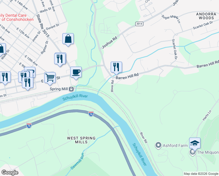 map of restaurants, bars, coffee shops, grocery stores, and more near 21 River Road in Conshohocken