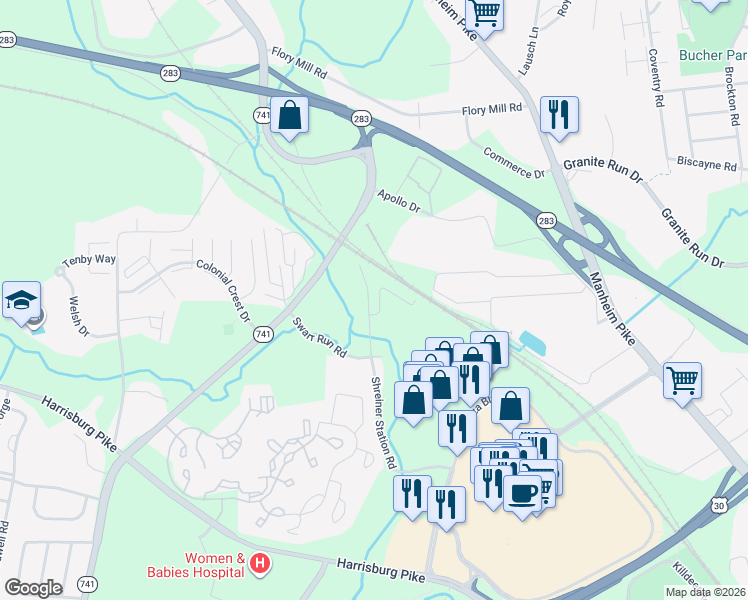 map of restaurants, bars, coffee shops, grocery stores, and more near 1301 Blue Jay Drive in Lancaster