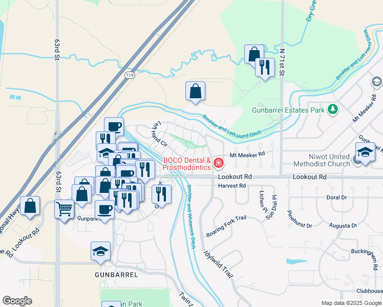 map of restaurants, bars, coffee shops, grocery stores, and more near 5521 Glendale Gulch Circle in Boulder