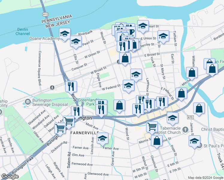 map of restaurants, bars, coffee shops, grocery stores, and more near 129 West Federal Street in Burlington