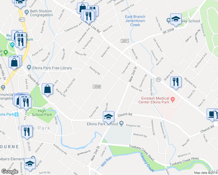 map of restaurants, bars, coffee shops, grocery stores, and more near 8240 Fairview Road in Elkins Park