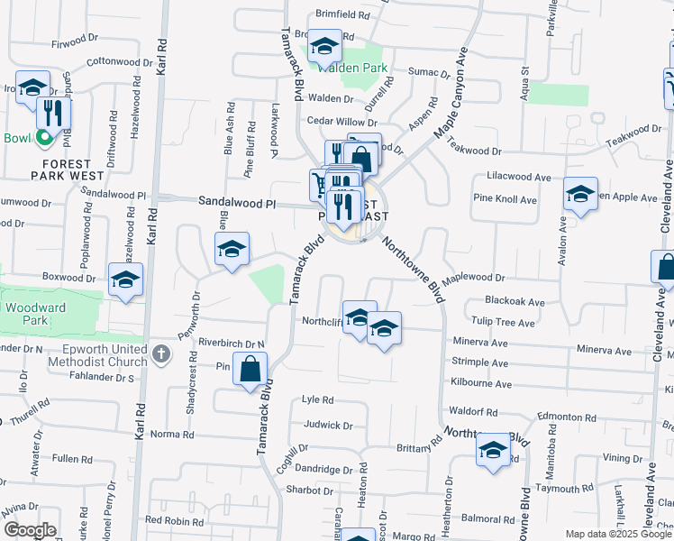map of restaurants, bars, coffee shops, grocery stores, and more near 1890 Northcliff Loop North in Columbus