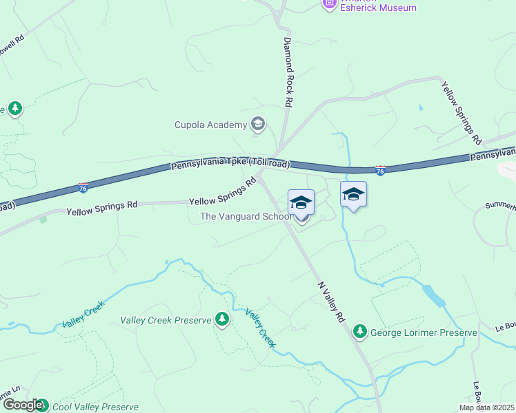 map of restaurants, bars, coffee shops, grocery stores, and more near 1820 North Valley Road in Malvern
