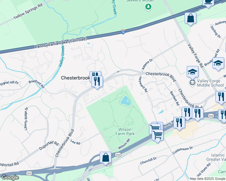 map of restaurants, bars, coffee shops, grocery stores, and more near 31 Cabot Court in Chesterbrook