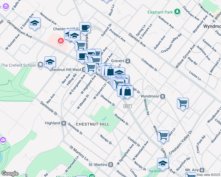 map of restaurants, bars, coffee shops, grocery stores, and more near 8316 Germantown Avenue in Philadelphia