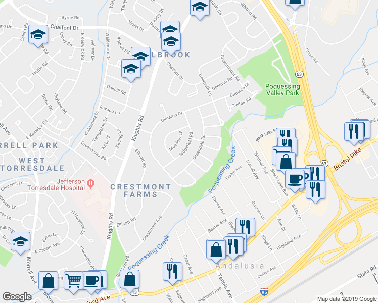 map of restaurants, bars, coffee shops, grocery stores, and more near 143 Ridgefield Road in Philadelphia