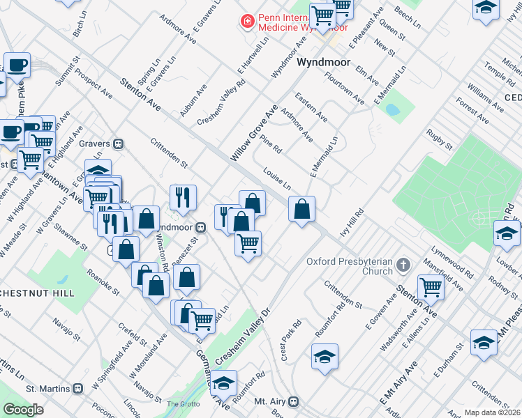 map of restaurants, bars, coffee shops, grocery stores, and more near 7740c Stenton Avenue in Philadelphia