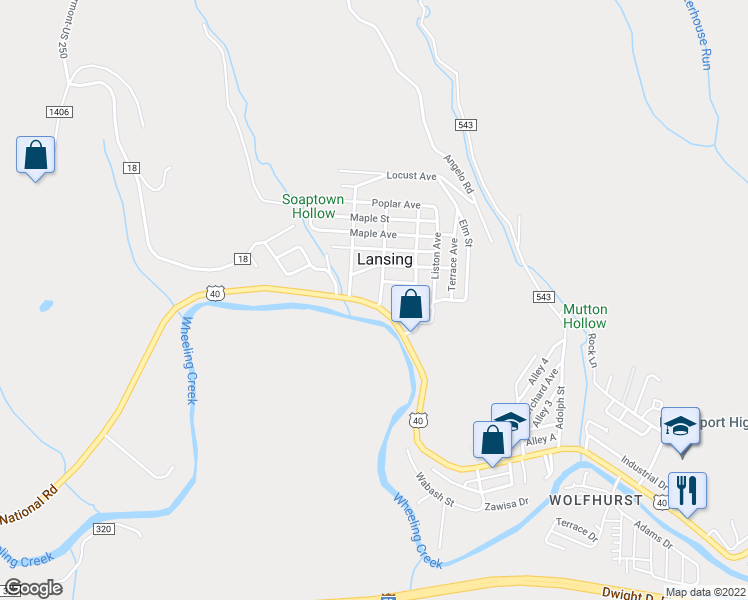 map of restaurants, bars, coffee shops, grocery stores, and more near 55115 National Road in Bridgeport