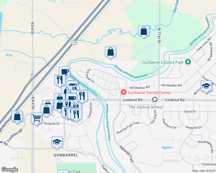 map of restaurants, bars, coffee shops, grocery stores, and more near 5521 Glendale Gulch Circle in Boulder