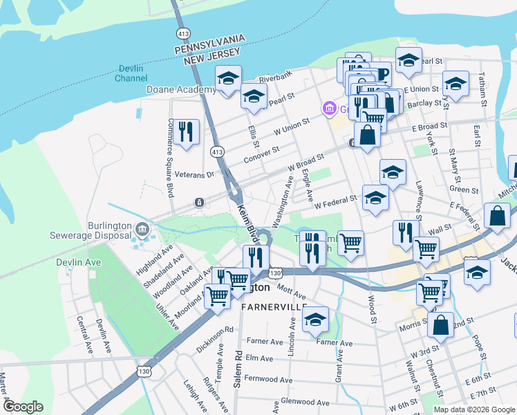 map of restaurants, bars, coffee shops, grocery stores, and more near 320 Conrow Street in Burlington