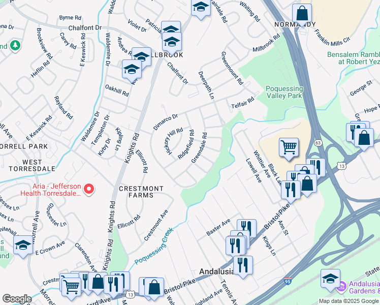 map of restaurants, bars, coffee shops, grocery stores, and more near 143 Ridgefield Road in Philadelphia