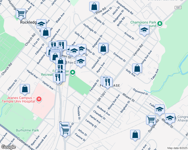 map of restaurants, bars, coffee shops, grocery stores, and more near 7966 Ferndale Street in Philadelphia