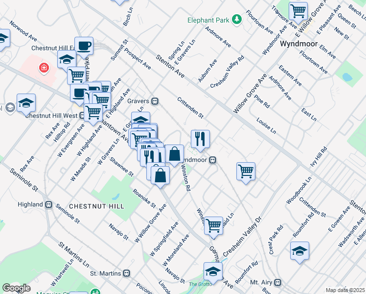 map of restaurants, bars, coffee shops, grocery stores, and more near 8031 Winston Road in Philadelphia