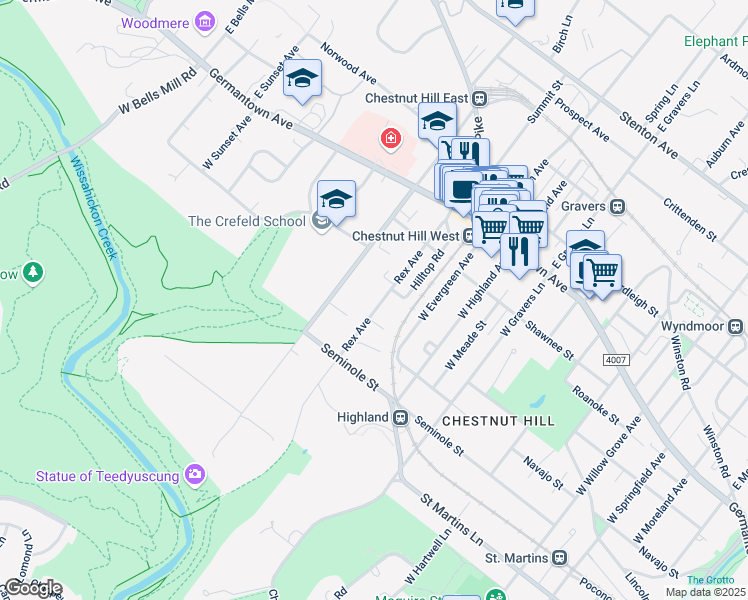 map of restaurants, bars, coffee shops, grocery stores, and more near 229 Rex Avenue in Philadelphia