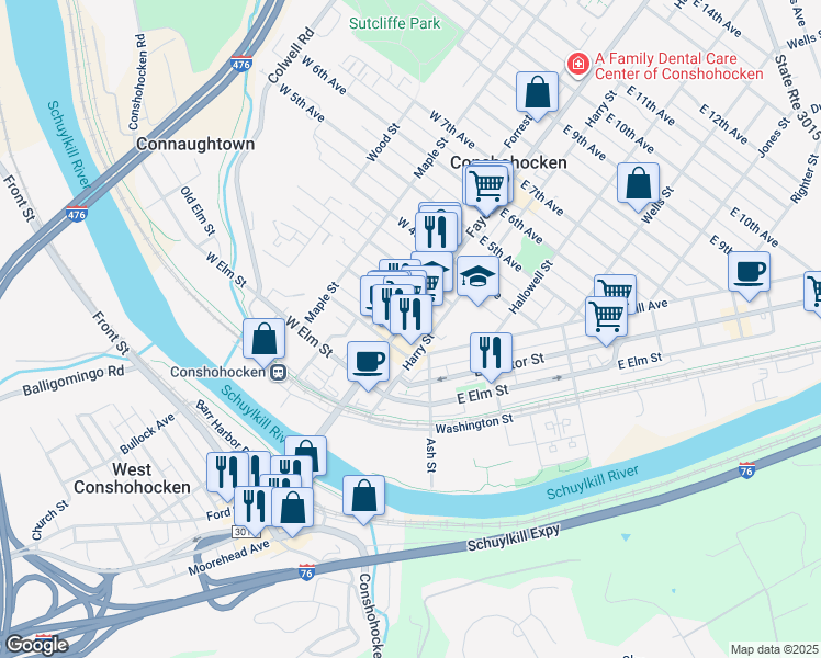 map of restaurants, bars, coffee shops, grocery stores, and more near 101 Fayette Street in Conshohocken