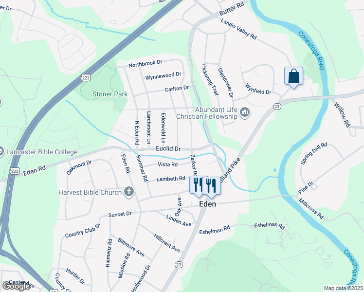 map of restaurants, bars, coffee shops, grocery stores, and more near 1800 Rockford Lane in Lancaster