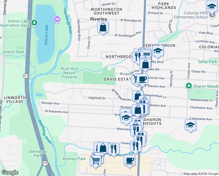 map of restaurants, bars, coffee shops, grocery stores, and more near 159 Broad Meadows Boulevard in Columbus