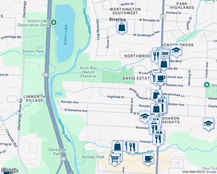 map of restaurants, bars, coffee shops, grocery stores, and more near 271 Broad Meadows Boulevard in Columbus