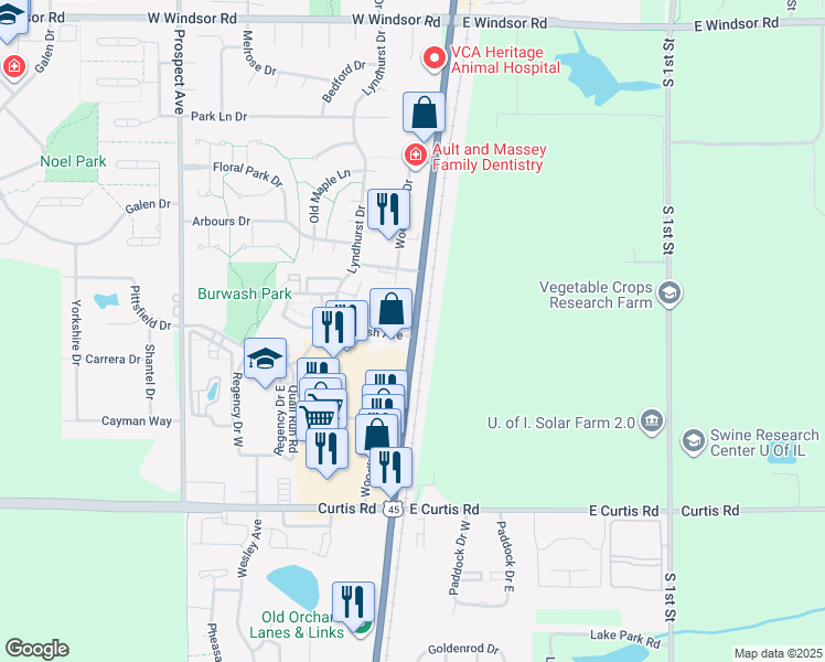 map of restaurants, bars, coffee shops, grocery stores, and more near 110 Burwash Avenue in Savoy