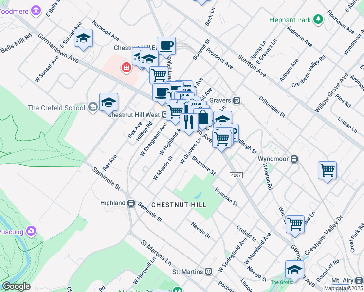 map of restaurants, bars, coffee shops, grocery stores, and more near 8417 Shawnee Street in Philadelphia