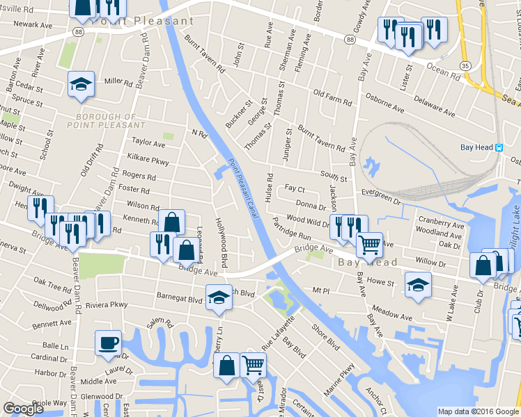 map of restaurants, bars, coffee shops, grocery stores, and more near 1525 Hulse Road in Point Pleasant