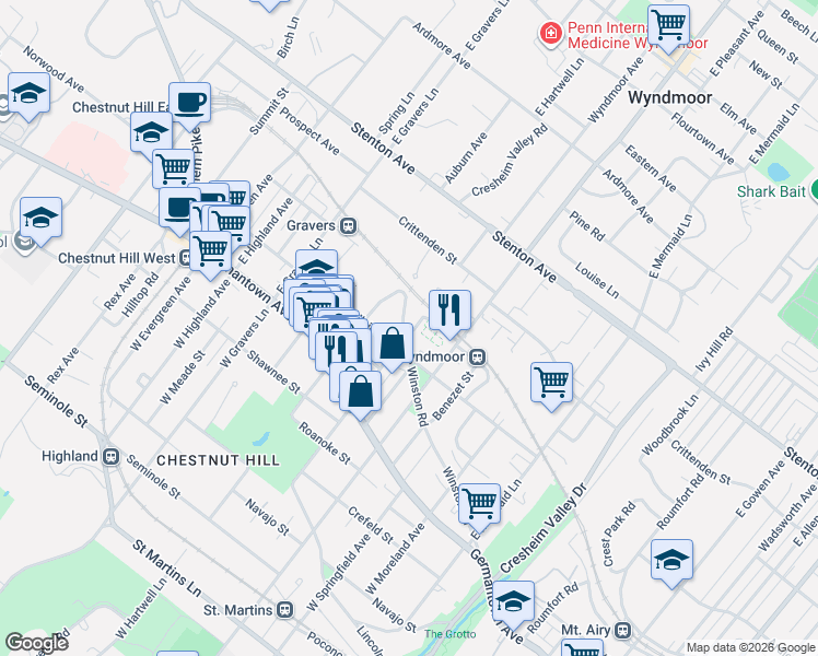 map of restaurants, bars, coffee shops, grocery stores, and more near 8031 Winston Road in Philadelphia