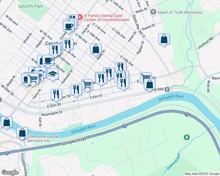 map of restaurants, bars, coffee shops, grocery stores, and more near 637 East Hector Street in Conshohocken