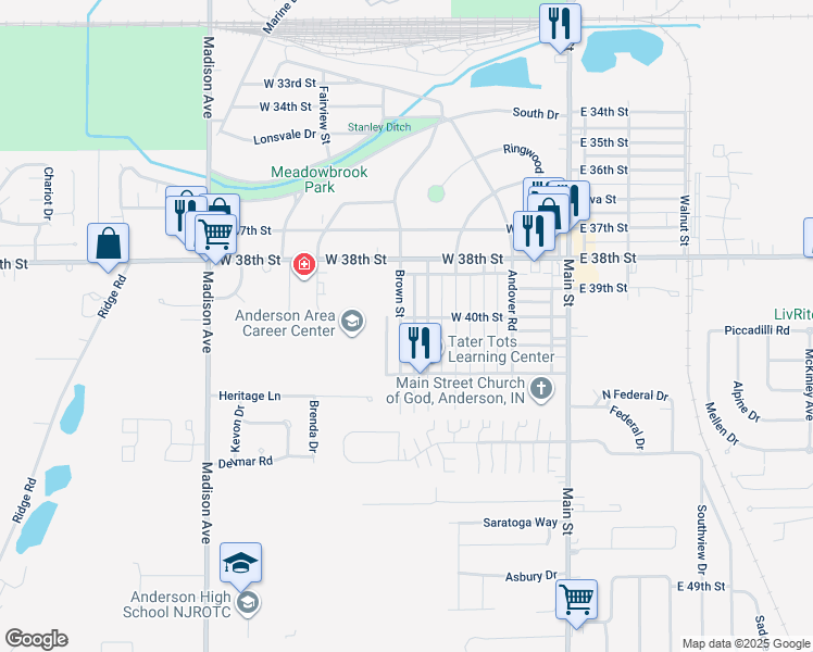 map of restaurants, bars, coffee shops, grocery stores, and more near 4008 Brown Street in Anderson