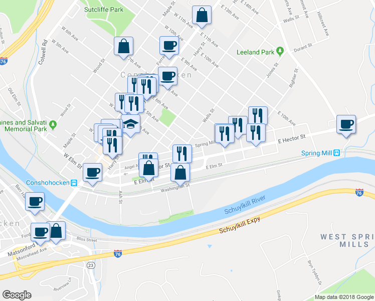 map of restaurants, bars, coffee shops, grocery stores, and more near 413 Spring Mill Avenue in Conshohocken
