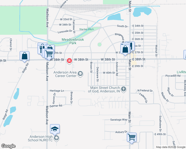 map of restaurants, bars, coffee shops, grocery stores, and more near 4008 Brown Street in Anderson