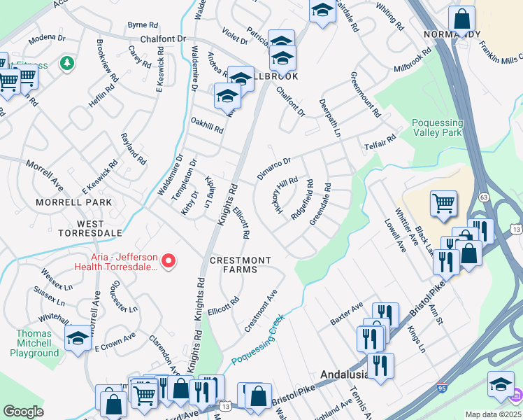 map of restaurants, bars, coffee shops, grocery stores, and more near 183 Dimarco Drive in Philadelphia