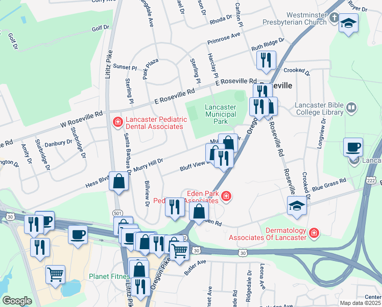 map of restaurants, bars, coffee shops, grocery stores, and more near 302 Murry Hill Drive in Lancaster