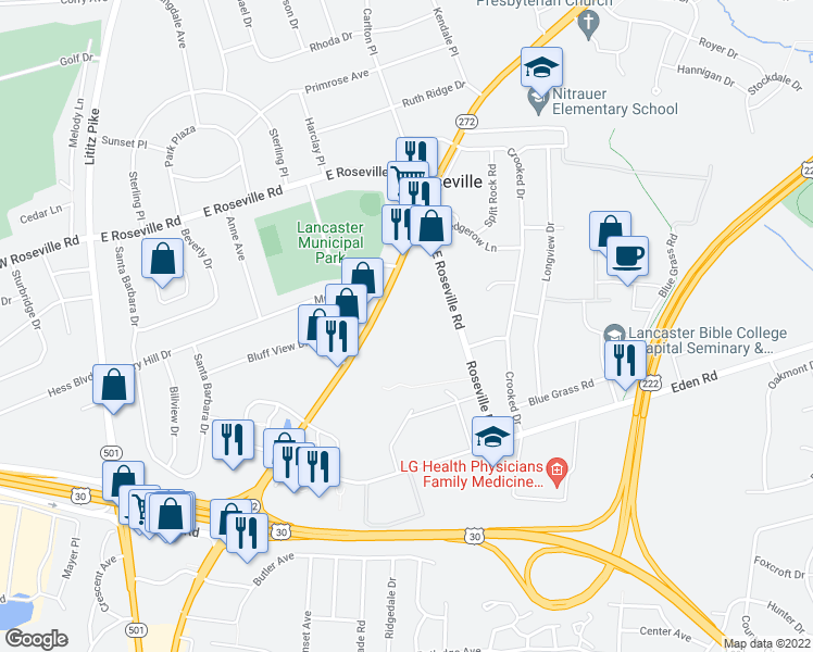 map of restaurants, bars, coffee shops, grocery stores, and more near 500 East Roseville Road in Lancaster