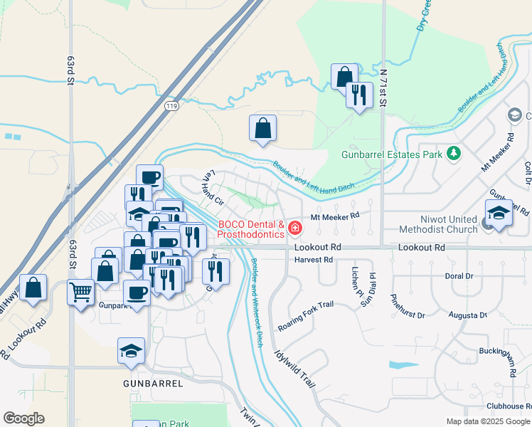 map of restaurants, bars, coffee shops, grocery stores, and more near 5565 Glendale Gulch Circle in Boulder
