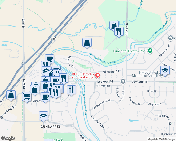 map of restaurants, bars, coffee shops, grocery stores, and more near 5565 Glendale Gulch Circle in Boulder