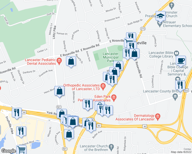 map of restaurants, bars, coffee shops, grocery stores, and more near 302 Murry Hill Drive in Lancaster