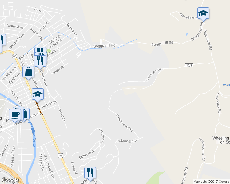 map of restaurants, bars, coffee shops, grocery stores, and more near 41 Jenna Way Drive in Wheeling