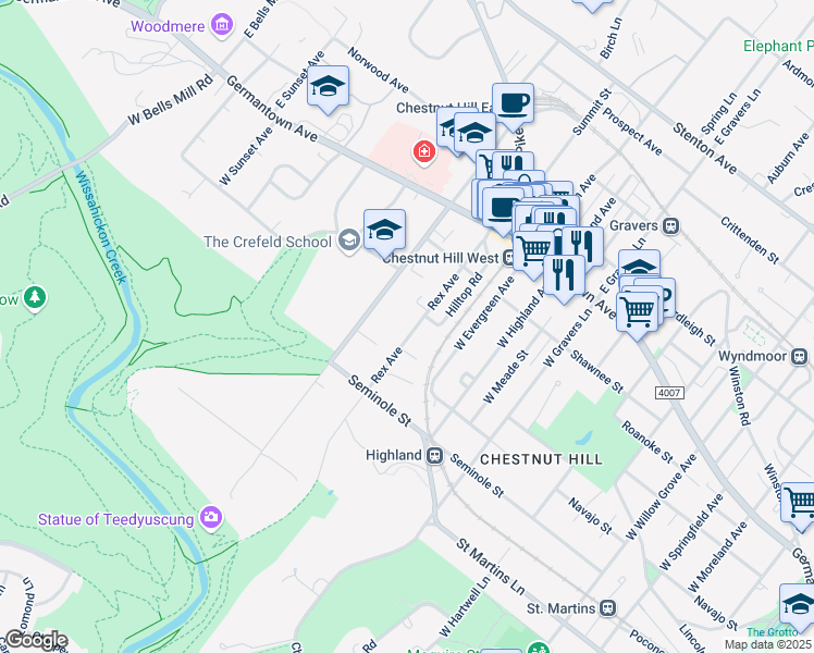 map of restaurants, bars, coffee shops, grocery stores, and more near 229 Rex Avenue in Philadelphia