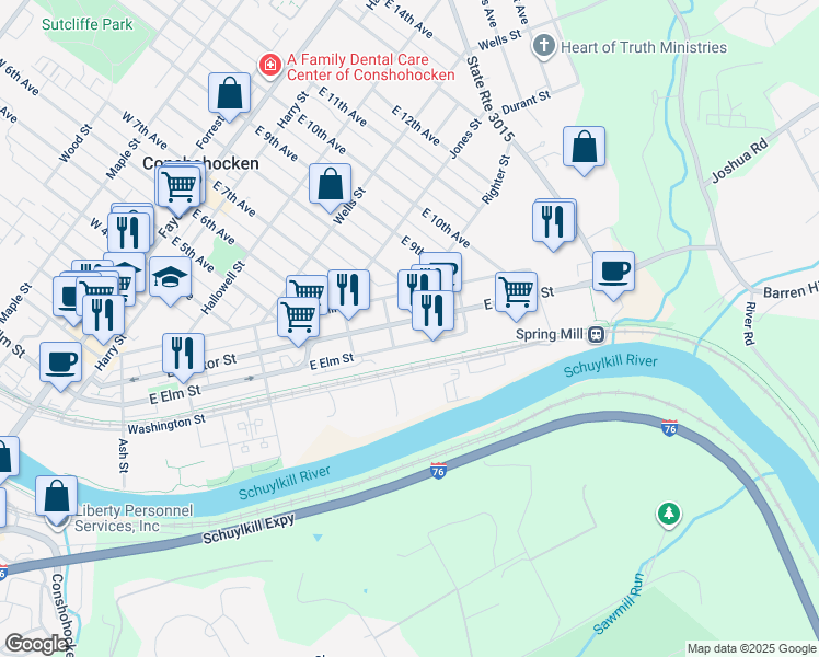 map of restaurants, bars, coffee shops, grocery stores, and more near 719 East Hector Street in Conshohocken
